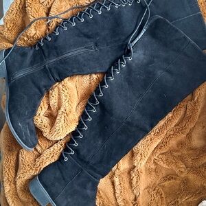 Black Lace-Up Knee-High Boots